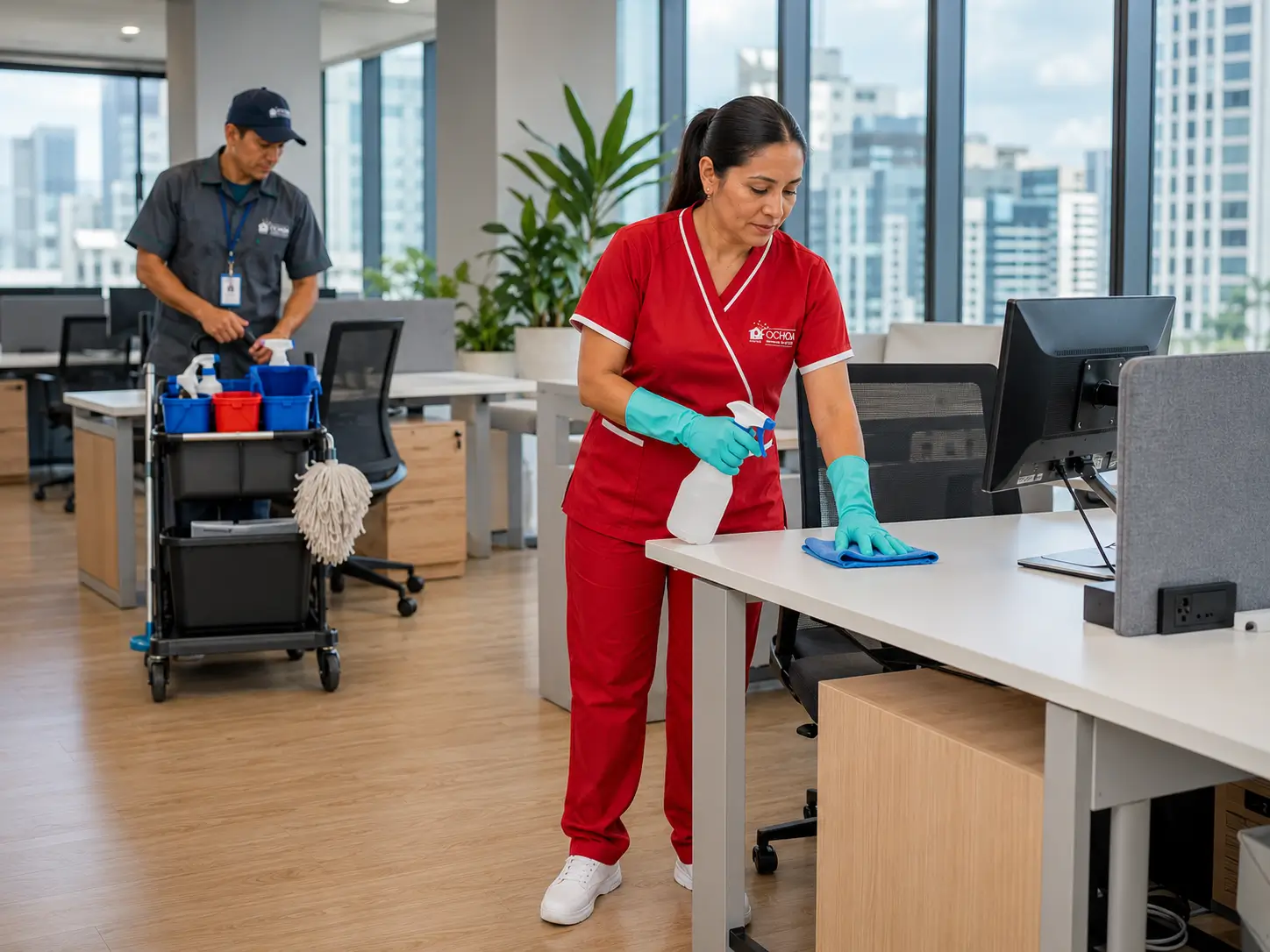 Personal de Ochoa realizando aseo profesional en una oficina de Bogotá