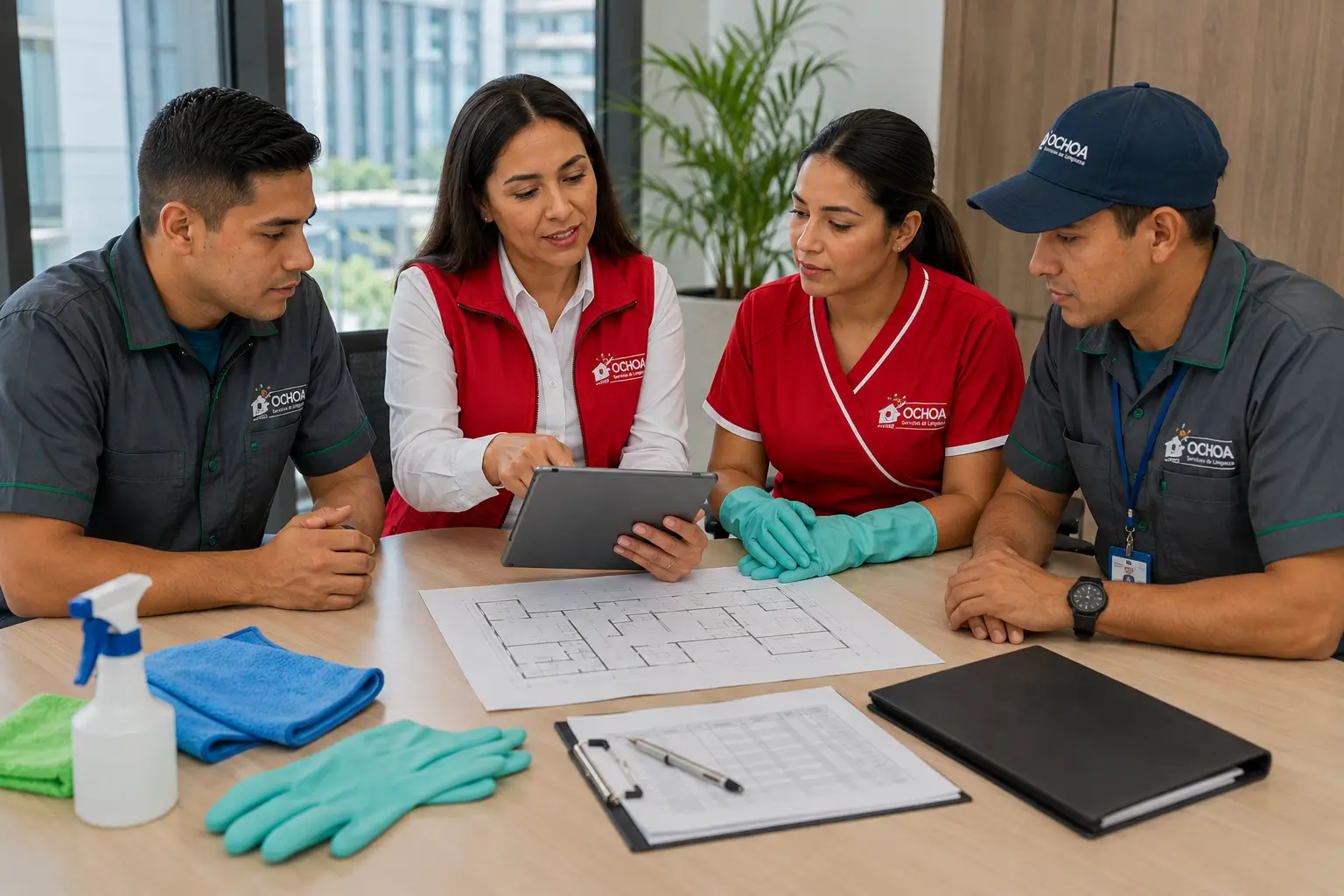 Equipo de Ochoa planeando un servicio de aseo empresarial en Bogotá