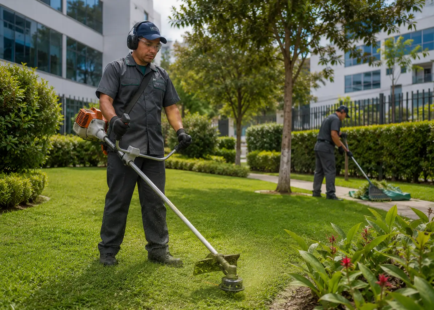 Operario realizando poda de césped y mantenimiento de zonas verdes en Bogotá